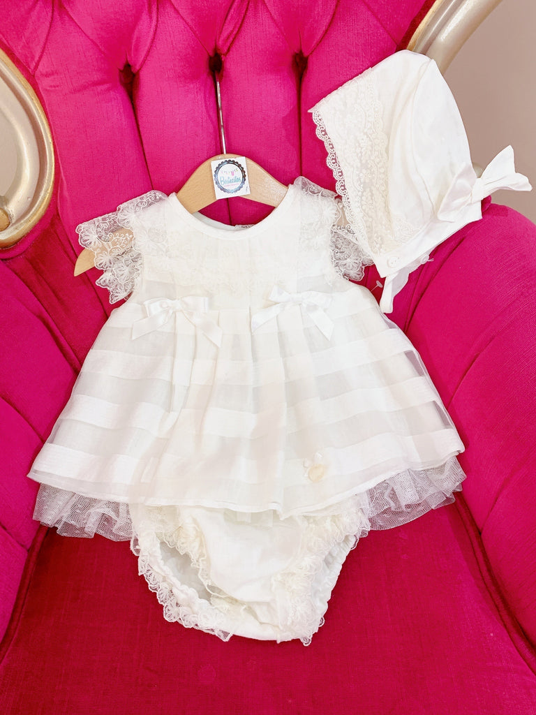 VESTIDO BLANCO MOÑO A LOS LADOS 3 PZS (36 meses)