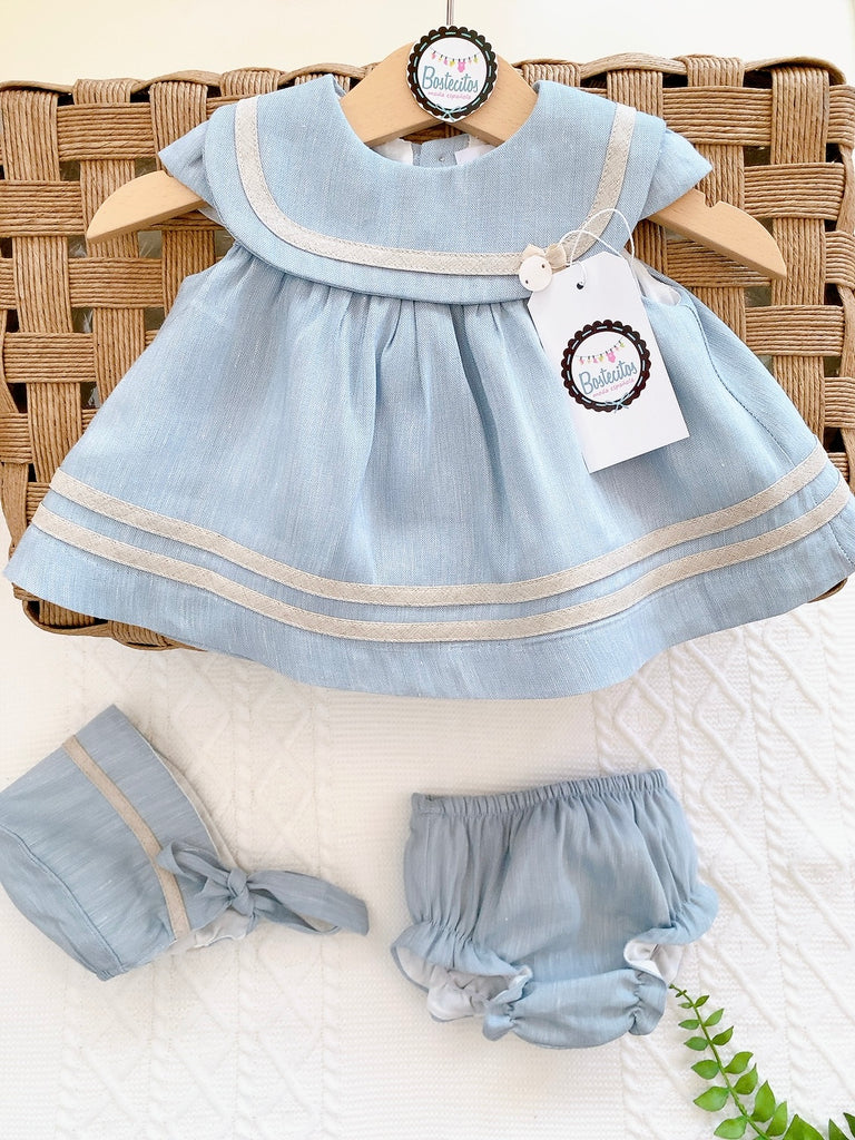 Conjunto 3 piezas Lino azul empolvado estilo marinero con gorrito