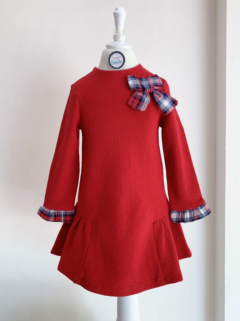 Vestido rojo manga larga con moño cuadros y mangas con detalles cuadrados