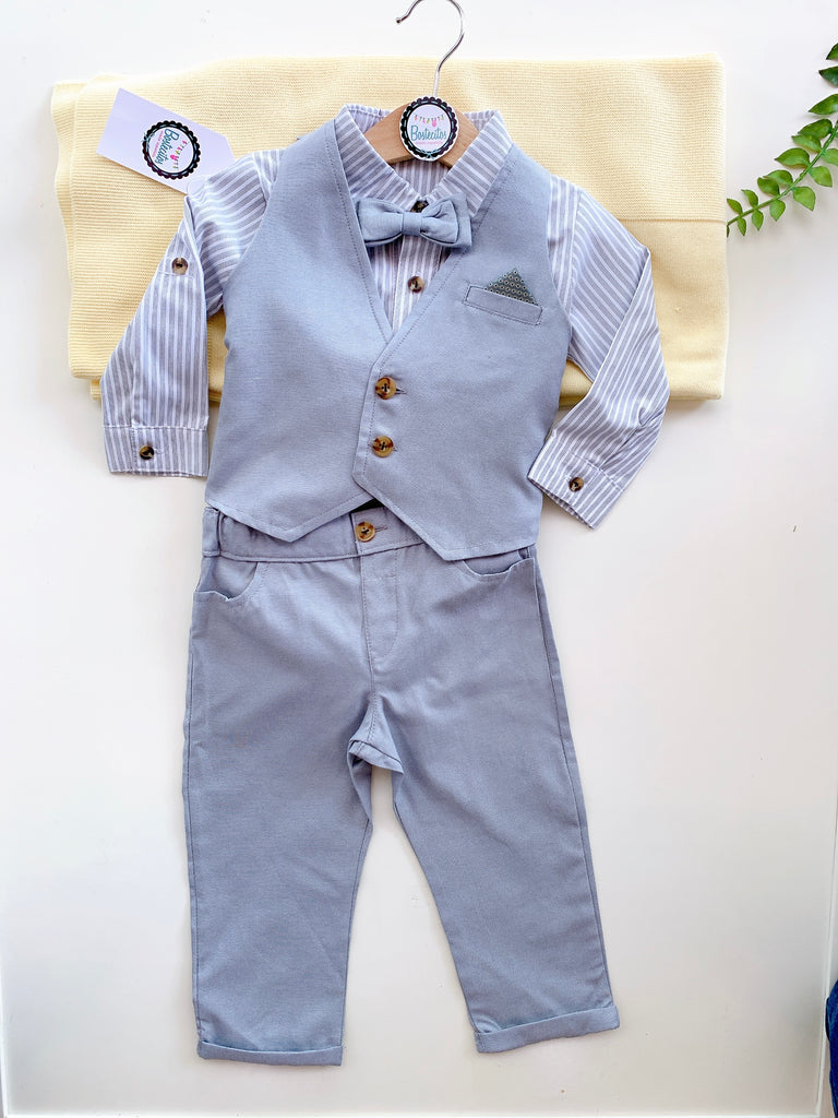 Conjunto pantalón, camisa pañalero rayada y chaleco gris (18 meses)