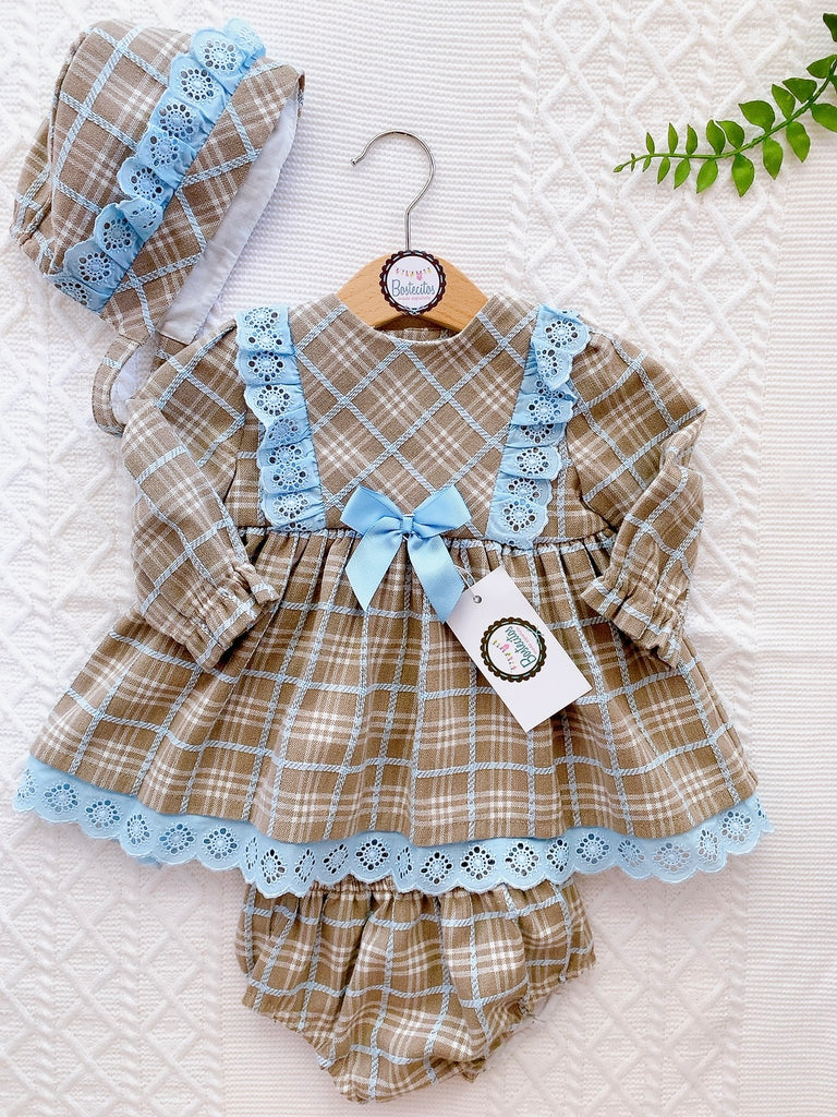 Conjunto vestido café lineas azules(6 meses)