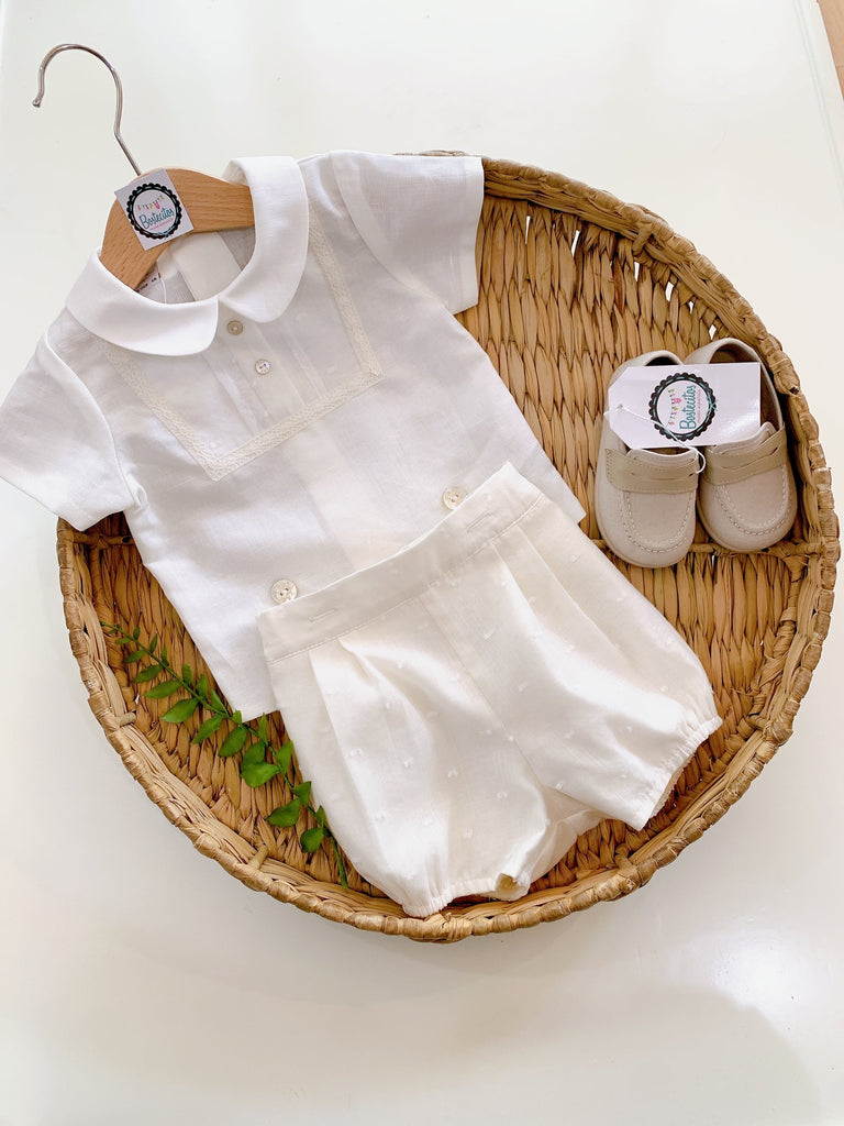 Conjunto beige short plumeti con camisa beige detalle cuadrado (6 meses)