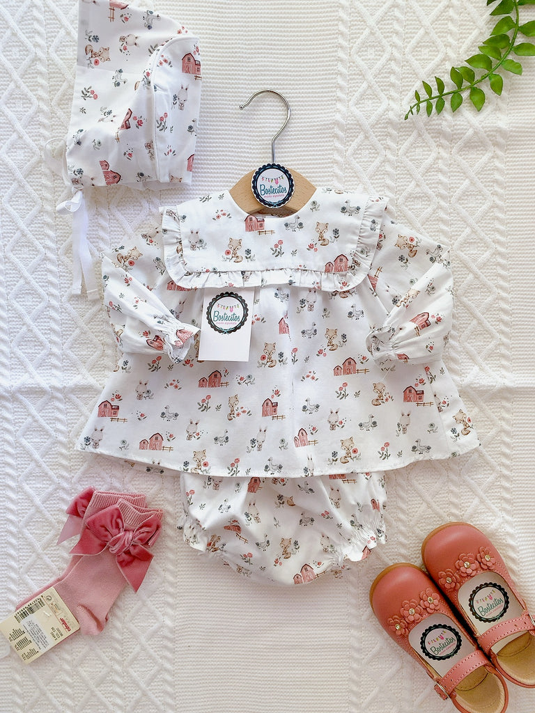 Conjunto español de estampado granja gorro, vestido y calzón