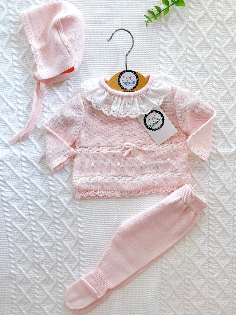 Tejido español rosa bebé cuello Olán beige con dos líneas horizontales blanco con rosa (1 mes)