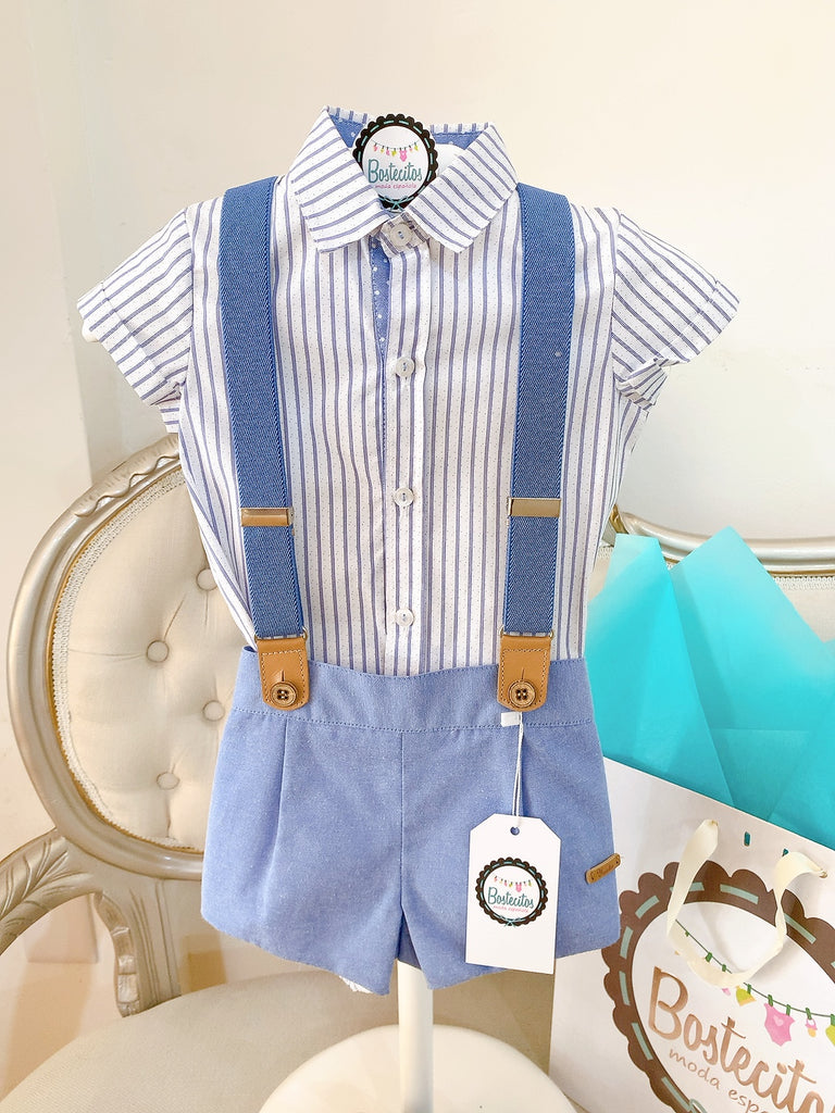 Conjunto camisa blanca con rayas azules (6 meses)