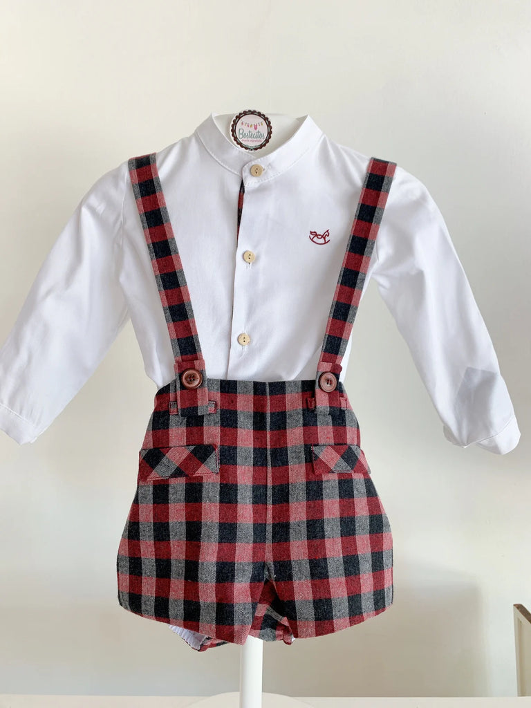 Conjunto short con tirantes cuadros tintos con negro