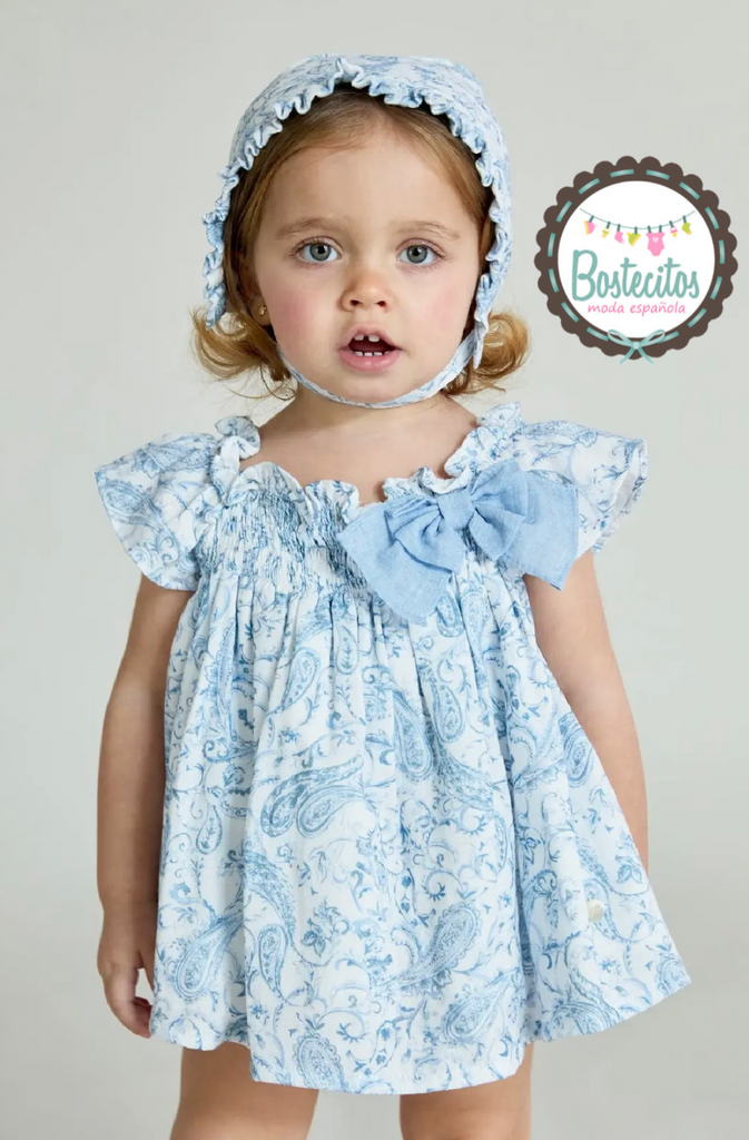 Conjunto español 3 piezas gorro, vestido corto y calzón azul azulejo con moño