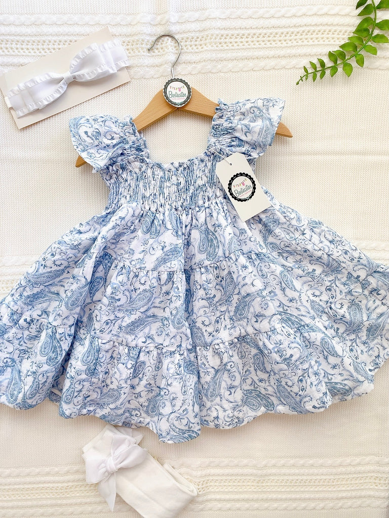 Vestido Español estampado azul azulejo bordado