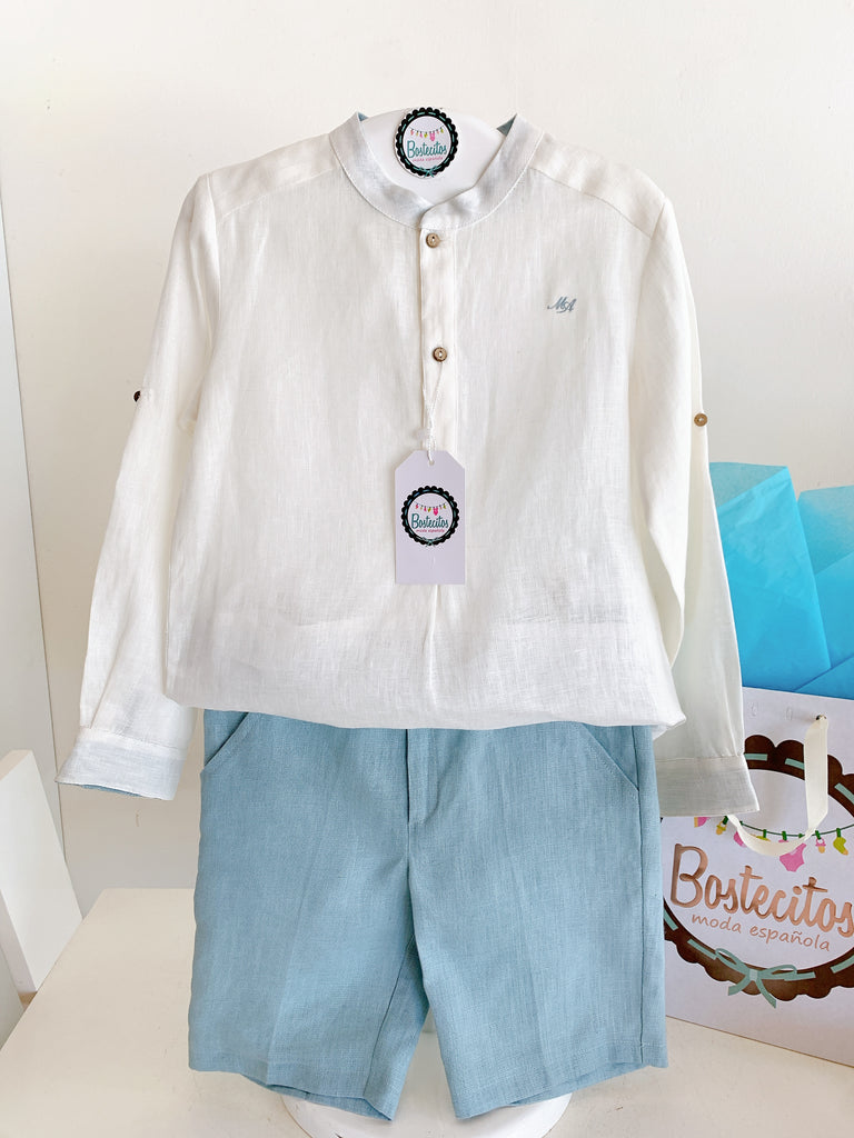 Conjunto shorts azul empolvado y camisa blanca (6 años)