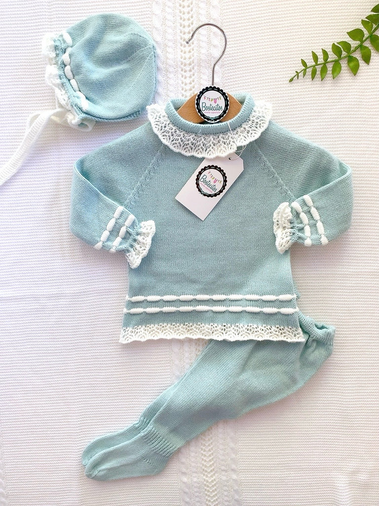 Tejido verde pistache con cuello bordado blanco (3 meses)