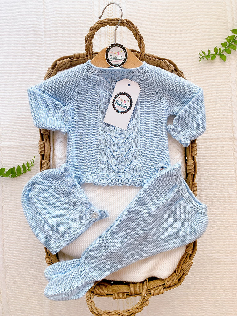 CONJUNTO TEJIDO AZUL CELESTE PUNTOS (3 MESES)
