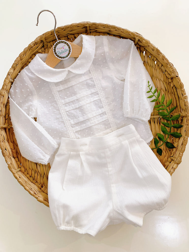 Conjunto camisa plumeti, color blanco Perla (12 meses)