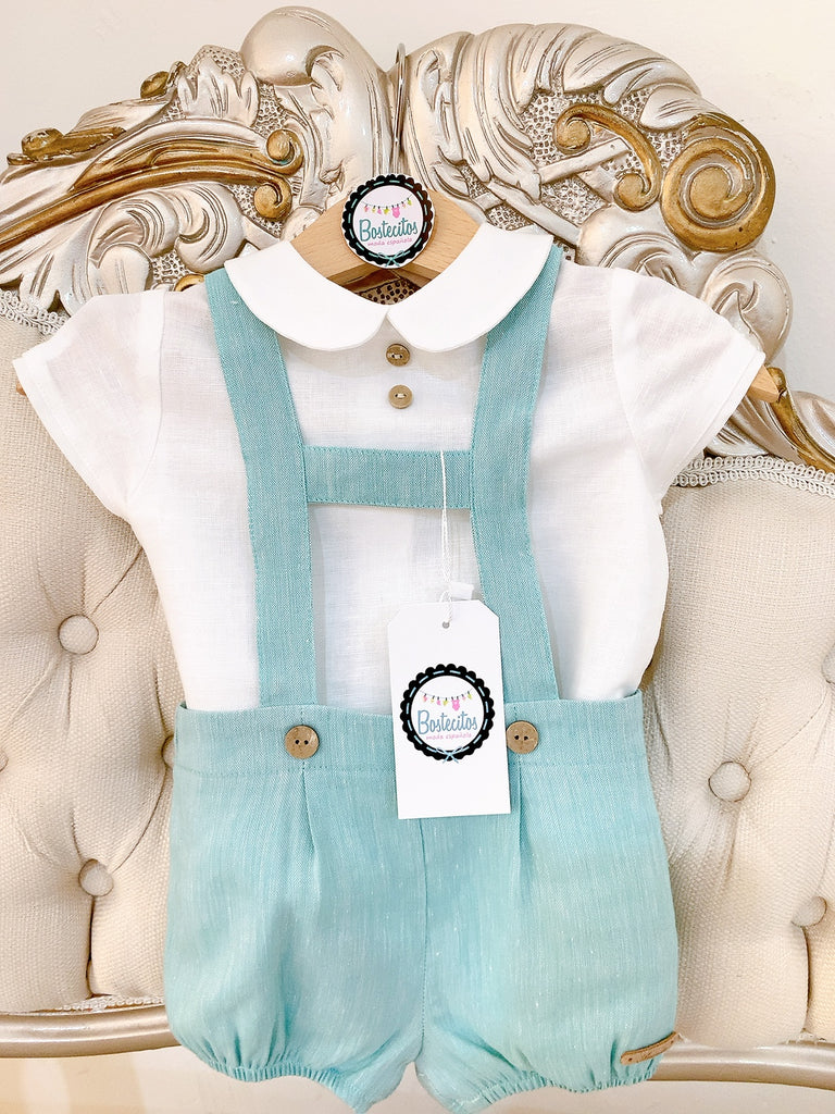 Conjunto español lino short con tirantes verde con camisa blanca (6 meses)