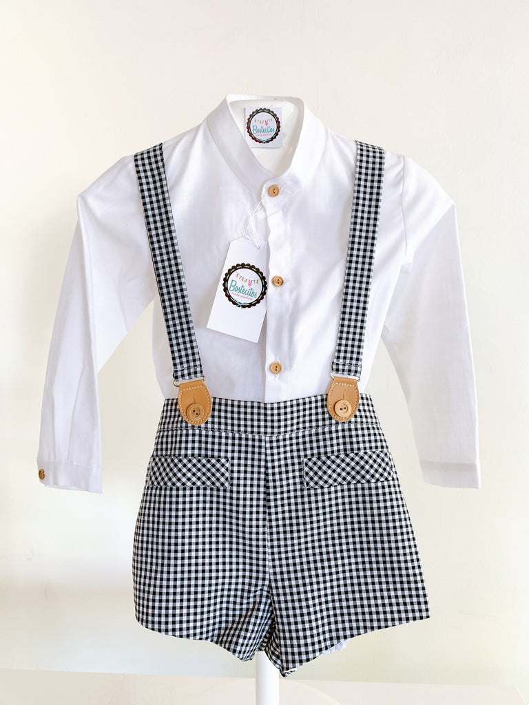 Conjunto camisa blanca con short con tirantes cuadros blanco con negro