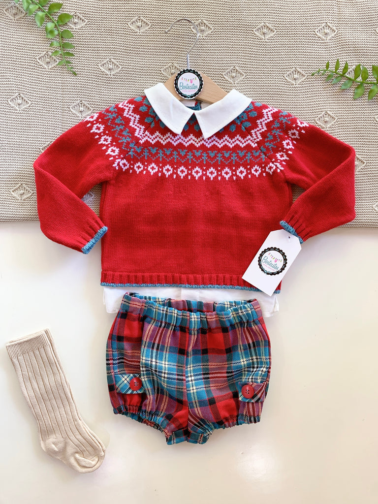 Conjunto navideño cuello blanco short y suerter rojo