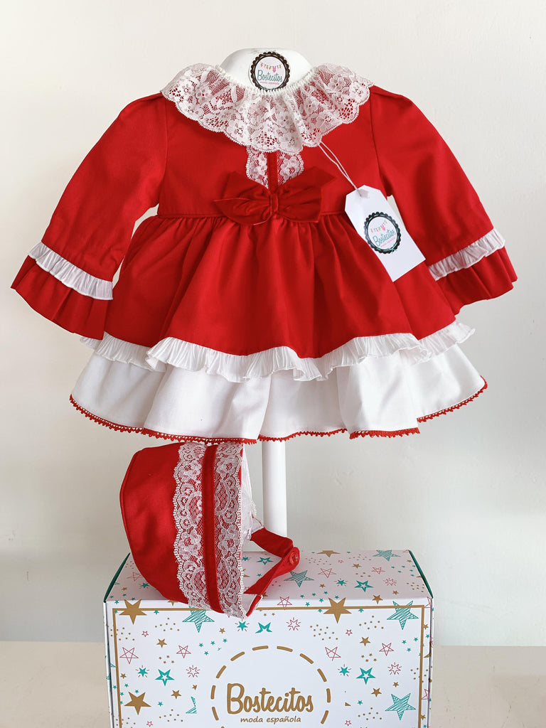 Vestido rojo con Olán beige y gorro (30 meses)