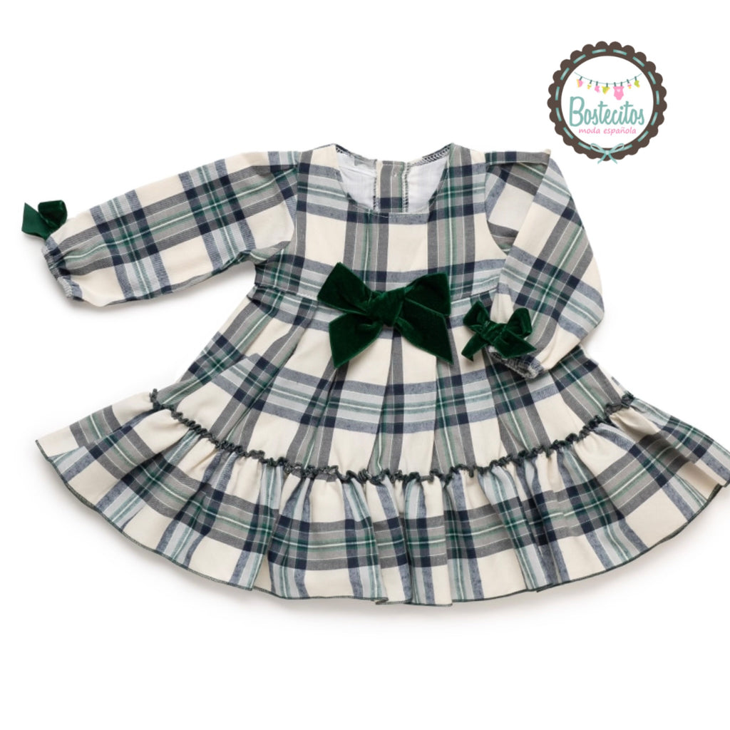 Vestido cuadros verdes con moño terciopelo en medio y en las mangas (48 meses)