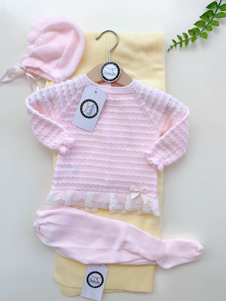 Conjunto 3 piezas polaina recogidas puntillas rosa (6 meses)