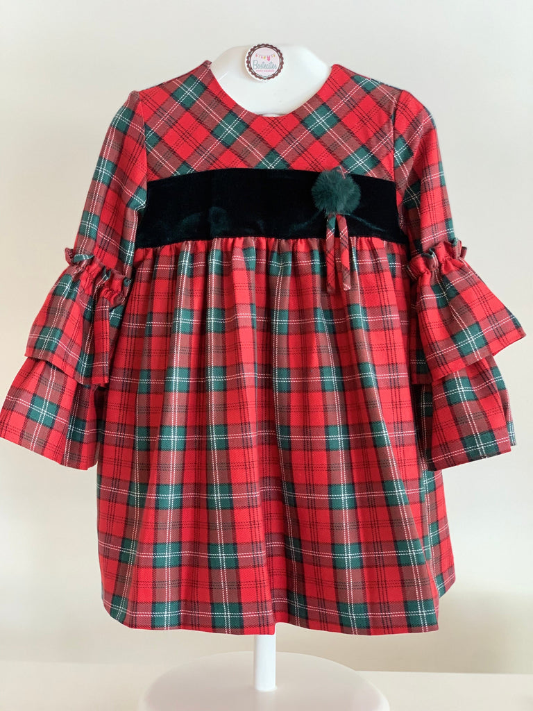 Vestido cuadros rojos con verde con pompón verde(8 años)