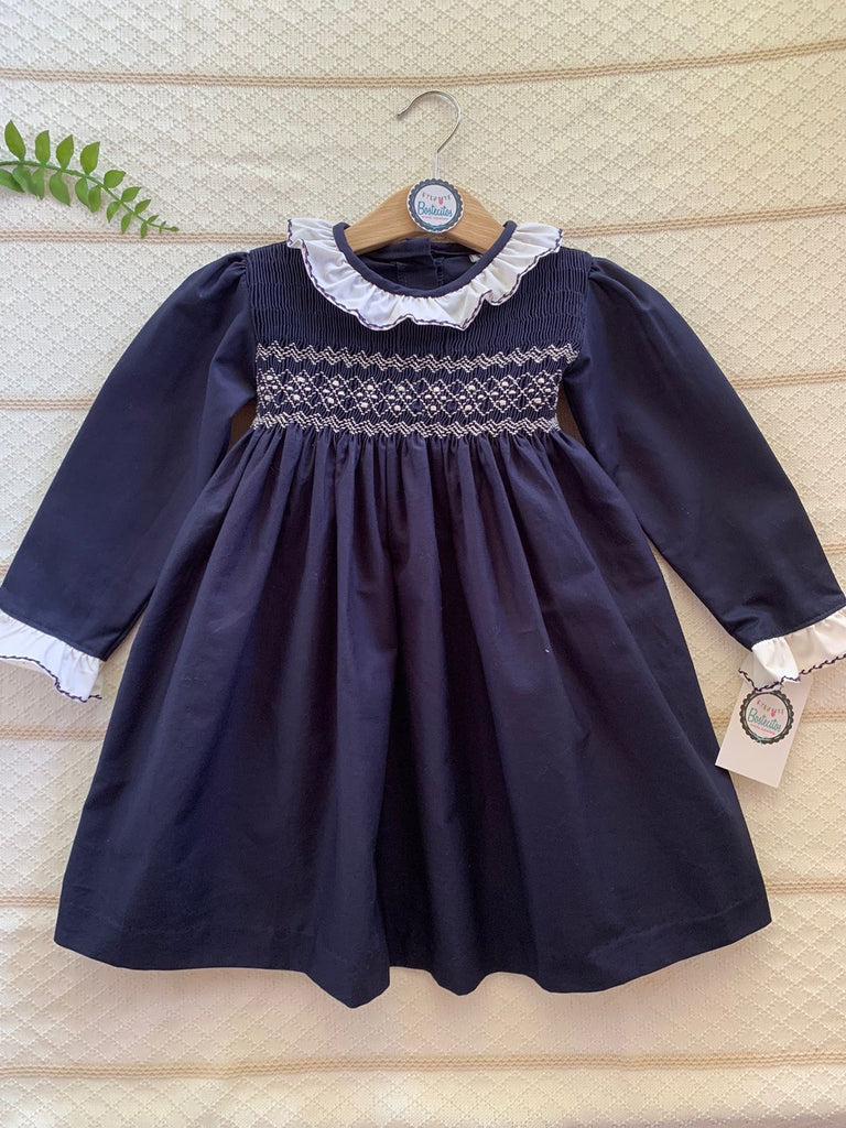 Vestido azul marino manga larga bordado beige