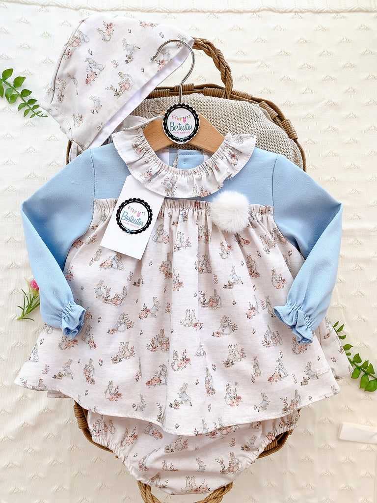 Conjunto vestido conejitos color azul (12 meses)