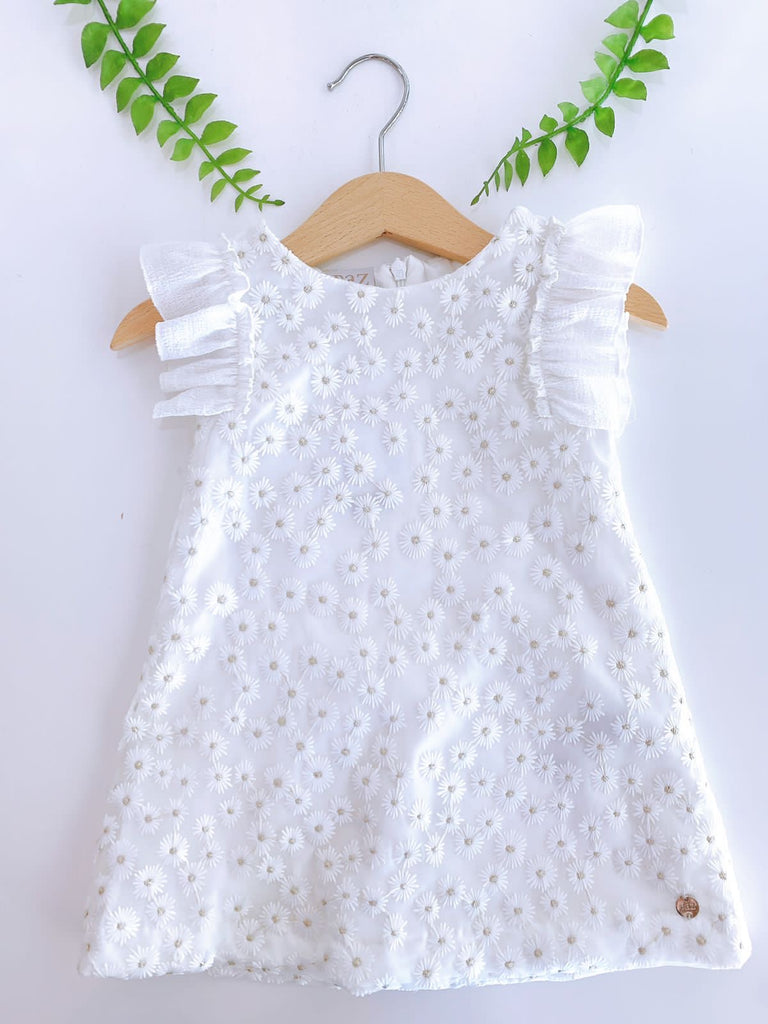 VESTIDO BLANCO DETALLE DE FLORES CON DORADO (8 años)
