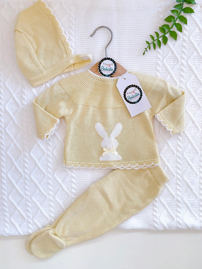 Tejido amarillo 3 piezas conejo (1 y 3 meses)