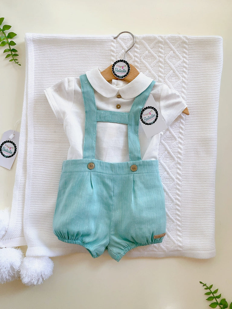 Conjunto español lino short con tirantes verde con camisa blanca (6 meses)
