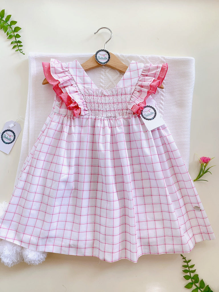 Vestido español cuadros rosa con blanco detalles Plumeti