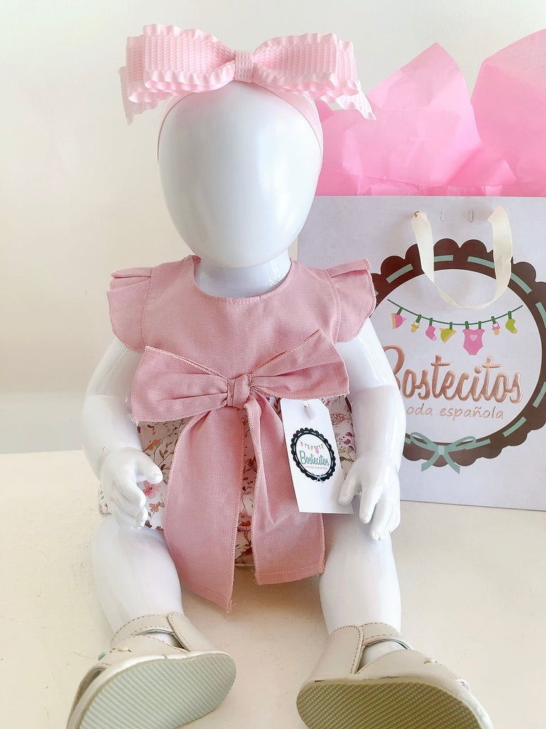 Ranita rosa empolvado con moño al frente 1 y 3 meses