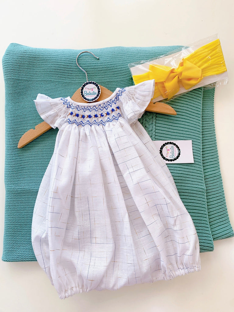 Ranita bordada estampado azul con mostaza (3 meses)