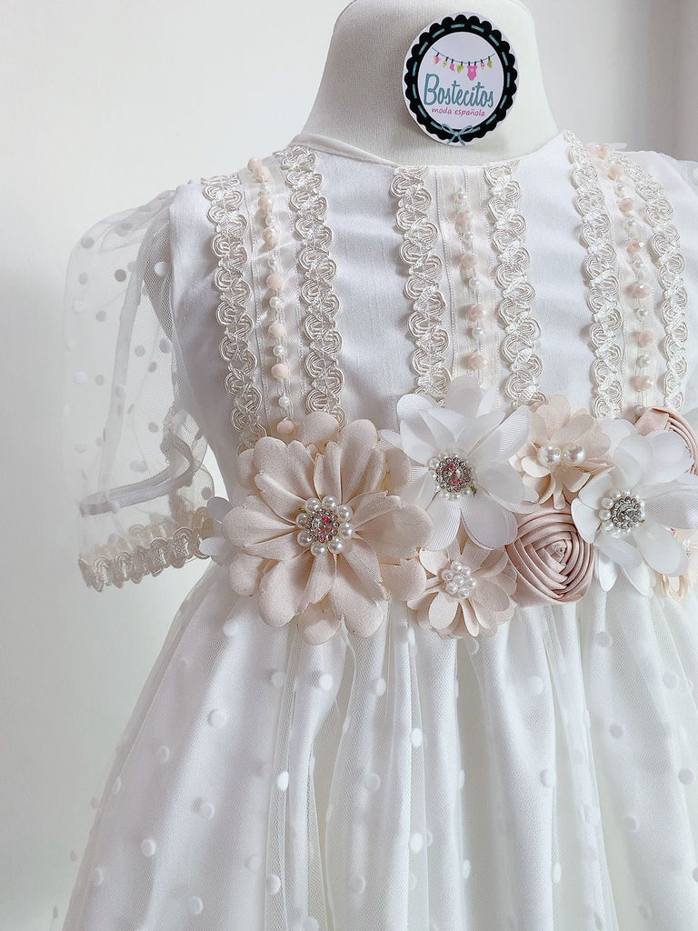 Vestido bautizo manga bombacha con gorro