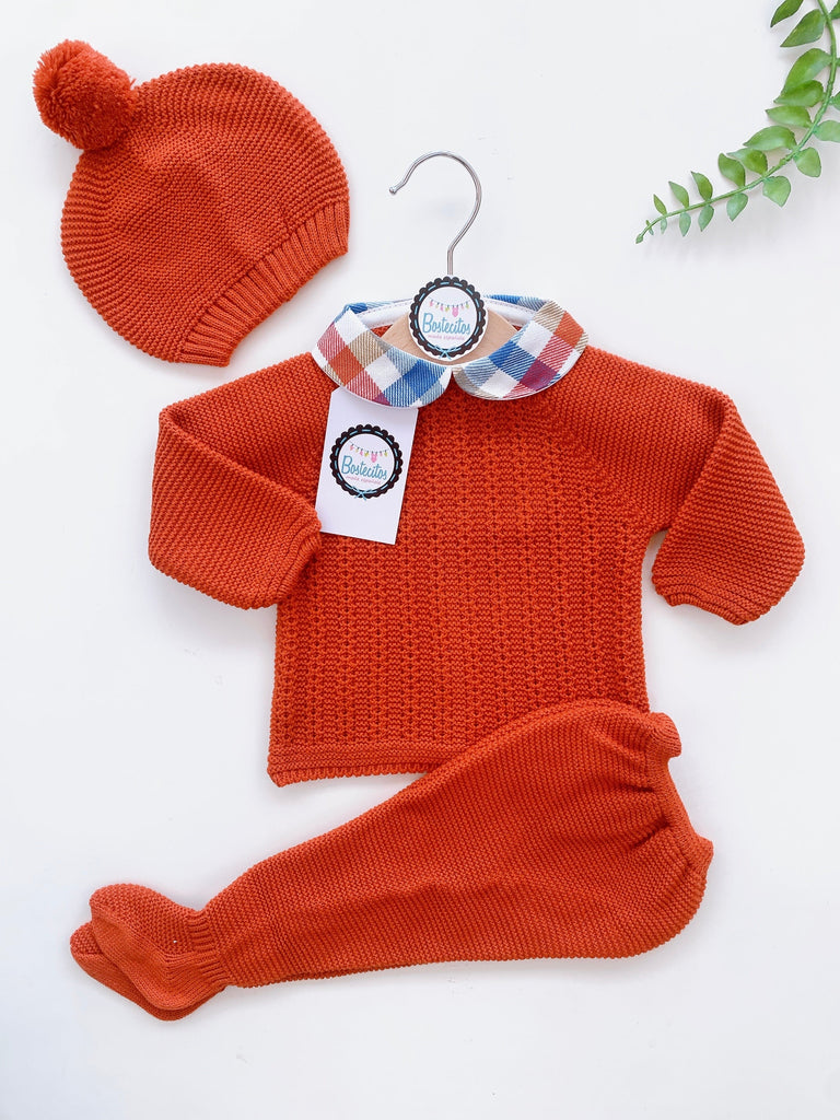 Conjunto tejido color ladrillo cuello cuadros
