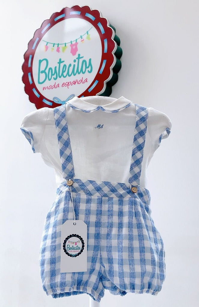 Conjunto short con tirantes cuadros azules con blanco camisa blanca