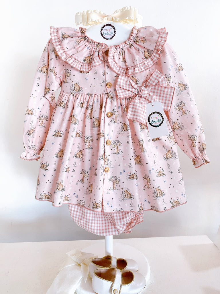 Vestido rosa estampado ositos con moño cuadros con calzón