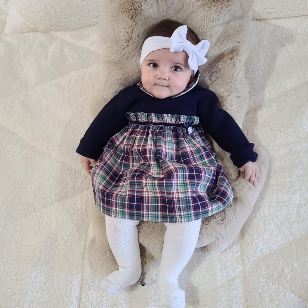 Vestido azul marino tejido  cuadros verdes con azul marino