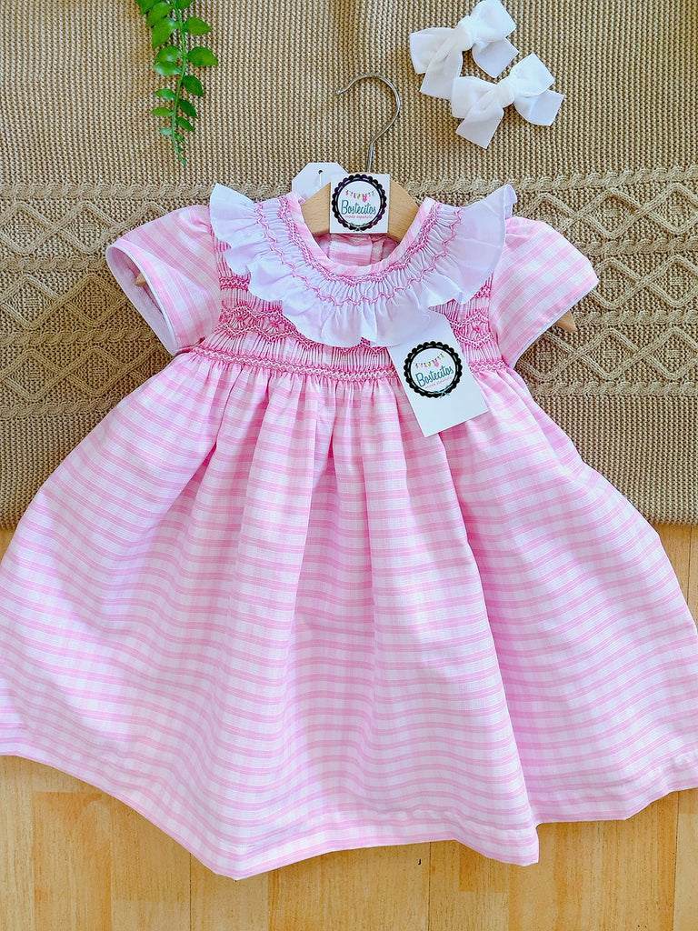 Vestido punto smock rosa cuadros blancos cuello bordado