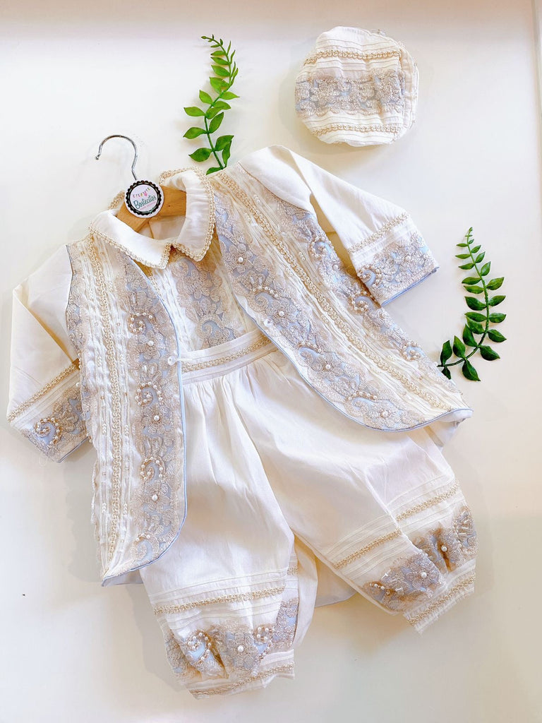 Conjunto príncipe bautizo blanco con detalles azules