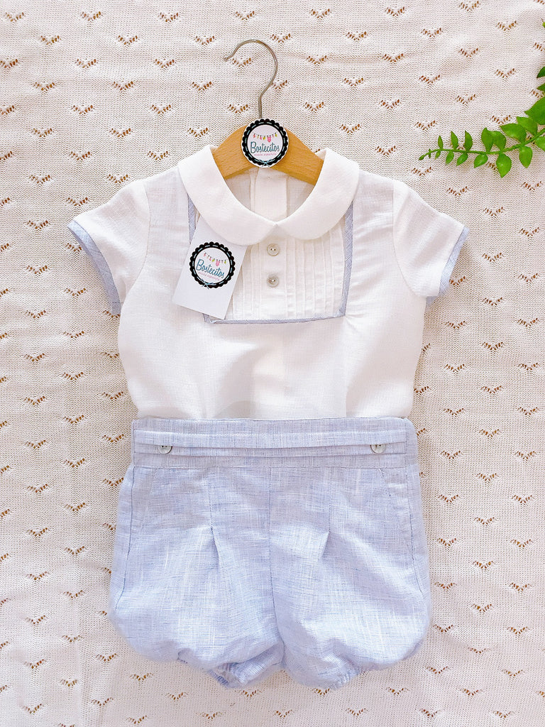 Conjunto español camisa blanca con detalles azul y short azul lino