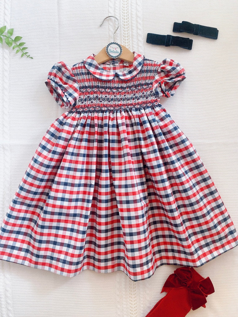 Vestido manga corta cuadros rojo con azul marino y blanco bordado a mano