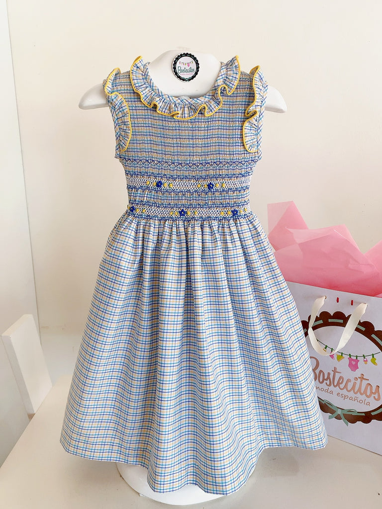Vestido cuadros azul con amarillo bordado a Mano flores amarilla y azul