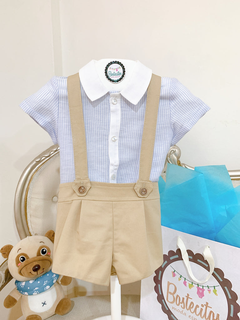CONJUNTO CAMISA RAYAS SHORT TIRANTES CAFÉ