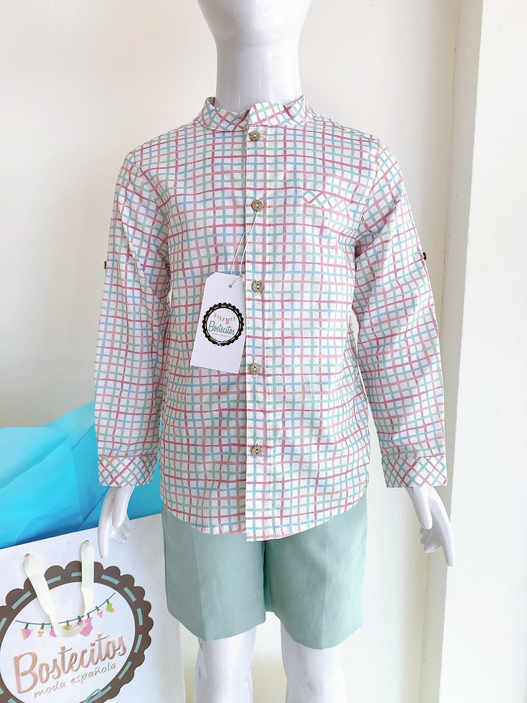 Conjunto short menta y camisa cuadrada colores