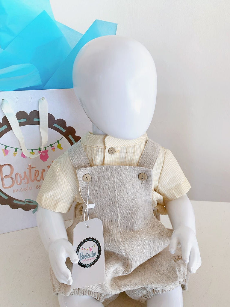 Conjunto español overol lino con camisa cuadros amarilla