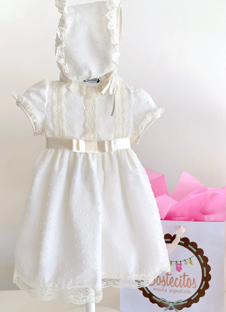 VESTIDO BEIGE PUNTOS CEREMONIA