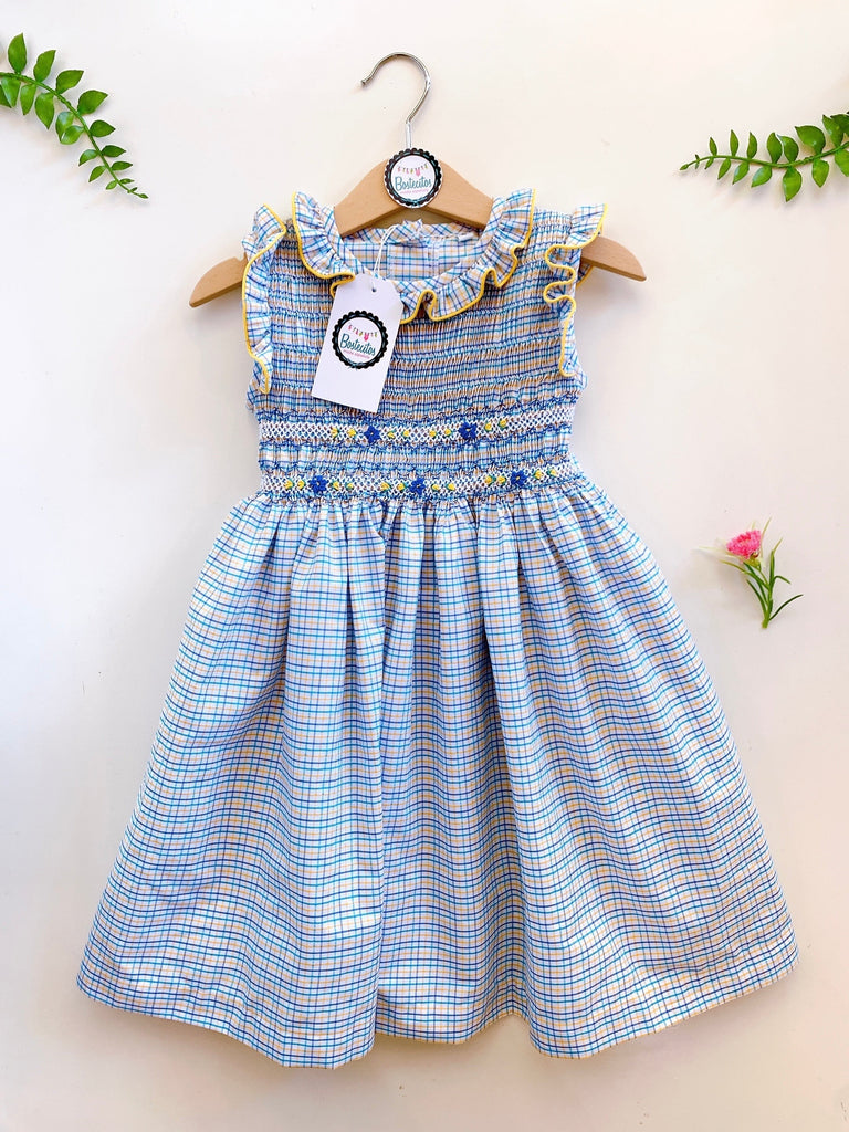 Vestido cuadros azul con amarillo bordado a Mano flores amarilla y azul