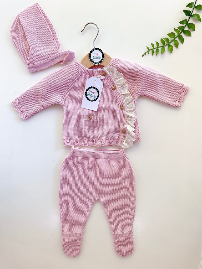 Tejido rosa palo con Olán beige por un lado (0-3 meses)