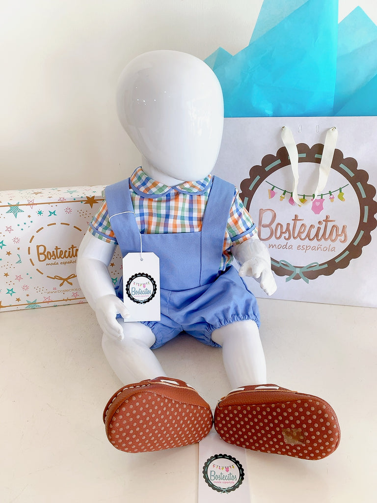 Conjunto short con tirantes camisa cuadros naranja con azul (6 meses)