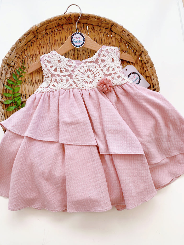 VESTIDO ROSA ENCAJE BEIGE FLOR ( 3 años)