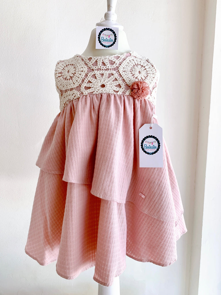 VESTIDO ROSA ENCAJE BEIGE FLOR ( 3 años)